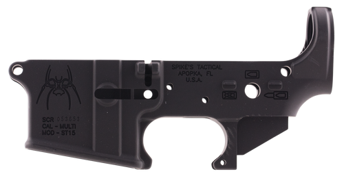 Spikes STLS019 Spider Stripped Lower Receiver with Billet Markings Multi-Caliber 7075-T6 Aluminum Black Anodized for AR-15