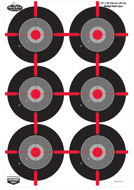 Birchwood Casey 35705 Dirty Bird  Multiple Bullseye Tagboard Hanging Pistol 12" x 18" Black/Red/Gray White Impact Splatter 8 Per Pkg