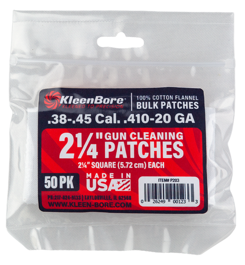 KleenBore P203 Super Shooter  .38/ .45 Cal 20/.410 Gauge 2.25" 100% Cotton Flannel 50 Per Pack