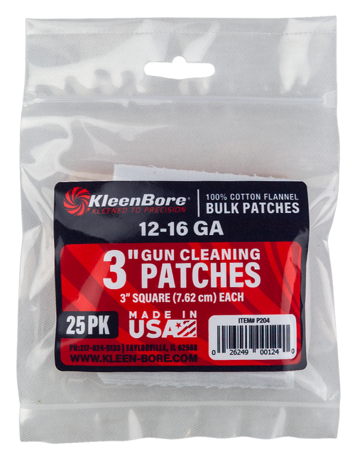 KleenBore P204 Super Shooter  12-16 Gauge Shotgun 3" 100% Cotton Flannel 25 Per Pack
