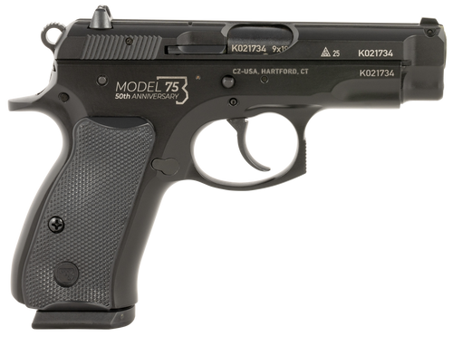 CZ-USA 91122 CZ 75 Compact 50th Anniversary 9mm Luger 15+1 3.75" Black Steel Barrel & Serrated Slide, Black Polycoat Steel Frame w/Beavertail, Black Plastic Grip, Right Hand