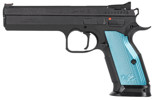 CZ-USA 01220 TS 2  9mm Luger 10+1 5.28" Black Steel Barrel, Black Nitride Serrated Slide, Black Steel Frame w/Beavertail, Blue Textured Aluminum Grip