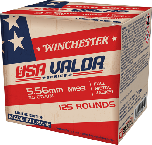 Winchester Ammo USA193125 USA Valor M193 5.56x45mmNATO 55gr Full Metal Jacket 125 Per Box/10 Case