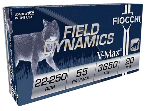 Fiocchi 22250HVD Field Dynamics  22-250Rem 55gr Hornady V Max 20 Per Box/10 Case