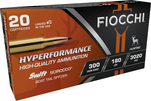 Fiocchi 300WMSCA Hyperformance  300WinMag 180gr Swift Scirocco II Boat Tail Spitzer 20 Per Box/10 Case