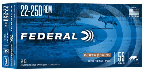 Federal 22250A Power-Shok  22-250Rem 55gr Jacketed Soft Point 20 Per Box/10 Case