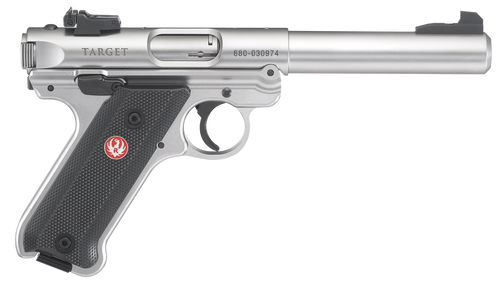 Ruger 40103 Mark IV Target 22 LR 10+1 5.50" Satin Stainless Bull Barrel, Satin Stainless Steel Slide, Stainless Steel Frame Drilled & Tapped Receiver, Black Checkered Polymer Grip, Right Hand