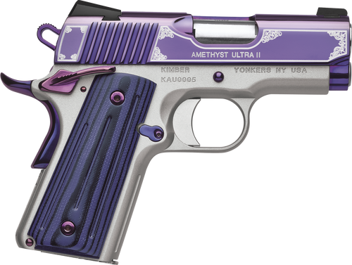 Kimber Mfg, Inc 3200319 Ultra II  9mm Luger 8+1 3" Stainless Match Grade Barrel, Engraved Purple Amethyst PVD Serrated Stainless Steel Slide, Satin Silver Aluminum Frame w/Beavertail, G10 Grip