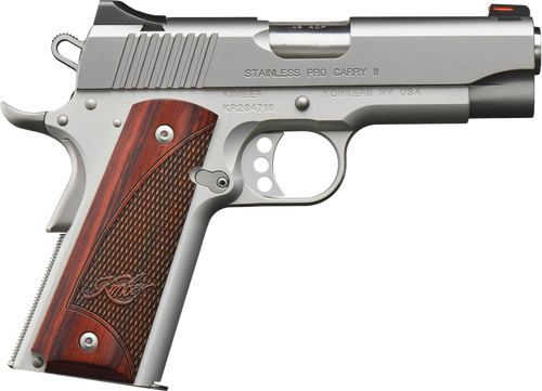 Kimber Mfg, Inc 3200324 Pro Carry II  45 ACP 7+1 4" Match Grade  Stainless Steel Barrel, Satin Silver Serrated Stainless Steel Slide, Satin Silver Aluminum Frame w/Beavertail, Rosewood Grip