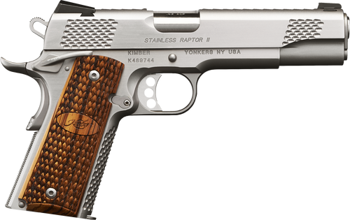 Kimber Mfg.,inc 3200365 Stainless Pro Raptor II 9mm 9+1 4" Stainless Steel Slide Satin Silver Zebrawood w/ Scale Pattern and Kimber Logo Grip