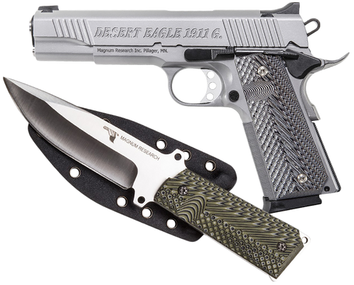 Magnum Research DE1911GSS-K Desert Eagle 1911  w/ 1911 Fixed Blade Knife 45 ACP 8+1 5.01" Stainless Steel Slide Matte Stainless Steel Black/Gray G10 Grip
