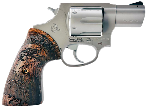 Taurus 2-605029-US2 605  Small 357 Mag/38 Special +P 5 Shot 2" Matte Stainless Steel Barrel & Frame, Polished Cylinder, Custom Designed Wood Grip w/Eagle, Transfer Bar Safety, Exposed Hammer