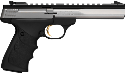 Browning 051507490 Buck Mark Contour 22 LR 10+1, 5.50" Polished Flats Contoured Barrel, Matte Stainless Serrated w/Picatinny Rail Slide, Matte Black Anodized Frame, Black URX Grip, Ambidextrous