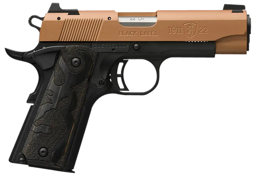 Browning 051896490 1911 Black Label Compact Frame 22 LR 10+1, 3.63" Matte Stainless Steel Barrel, Copper Cerakote Serrated Slide, Matte Black Polymer Frame w/Beavertail, Black Laminate Wood Grip