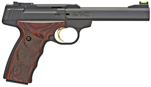 Browning 051429490 Buck Mark Plus *CA Compliant 22 LR 10+1 5.50" Slab Side Barrel, Matte Black Serrated Steel Slide  & Aluminum Frame, Brown Finger Grooved Laminate Grips
