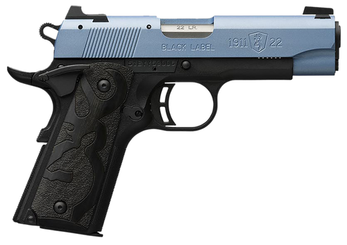 Browning 051898490 1911 Black Label Compact Frame 22 LR 10+1, 3.63" Matte Stainless Steel Barrel, Polar Blue Cerakote Serrated Slide, Matte Black Polymer Frame w/Beavertail, Black Laminate Wood Grip
