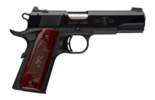 Browning 051069490 1911 Black Label Medallion Full Size Frame 22 LR 10+1 4.25" Matte Stainless Barrel, Black Anodized Aluminum Serrated Slide, Matte Black Polymer Frame w/Beavertail, Rosewood w/Gold B