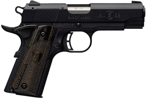 Browning 051815490 1911 Black Label Compact 22 LR 10+1 3.63" Stainless Steel Barrel, Matte Black Serrated Slide & Polymer Frame w/Beavertail, Black Laminate Stippled Grip