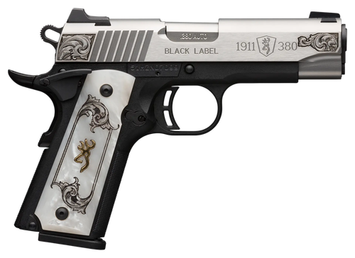 Browning 051967492 1911 Black Label Medallion Compact 380 ACP 8+1 3.63" Matte Stainless Stainless Steel Barrel & Serrated Slide, Matte Black Polymer Frame w/Beavertail, White Imitation Pearl Grip