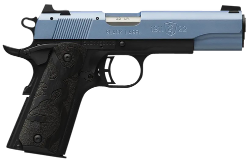 Browning 051897490 1911 Black Label Full Size Frame 22 LR 10+1, 4.25" Matte Stainless Steel Barrel, Polar Blue Cerakote Serrated Slide, Matte Black Polymer Frame w/Beavertail, Black Laminate Wood Grip
