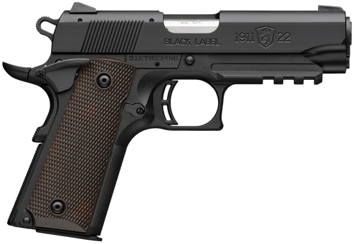 Browning 051066490 1911 Black Label Compact Frame 22 LR 10+1 3.63" Stainless Steel Barrel, Matte Black Serrated Slide, Matte Black Aluminum Frame w/Picatinny Rail, Brown Composite Grip