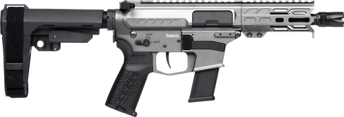CMMG 45A150FTNG Banshee FE MkG 45 ACP 13+1 5" Black Nitride Threaded Barrel, M-LOK Handguard, Titanium Cerakote Aluminum Receiver w/Picatinny Rail, Black Polymer CMMG RipBrace, CMMG Zeroed Grip