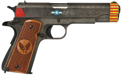Auto-Ordnance 1911BKOC18 1911 Red Tails Full Size Frame 45 ACP 7+1 5" Stainless Steel Barrel, Savage Cerakote Serrated Slide, Savage Cerakote Steel Frame w/Beavertail, Custom Engraved Wood Grip