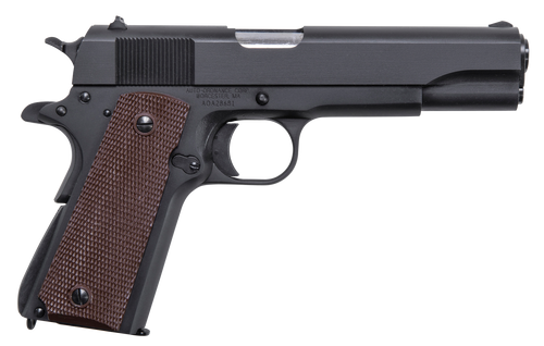 Auto-Ordnance 1911BKOMA 1911 A1 GI Spec *MA Compliant 45 ACP 7+1, 5" Stainless Steel Barrel, Matte Black Serrated Carbon Steel Slide & Frame w/Beavertail, Brown Checkered Polymer Grip