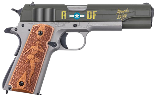 Auto-Ordnance 1911BKOC19 1911 Memphis Belle Full Size Frame 45 ACP 7+1 5" Stainless Steel Barrel, OD Green Cerakote Serrated Slide, Gray Cerakote Steel Frame w/Beavertail, Custom Engraved Wood Grip