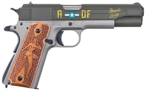 Auto-Ordnance 1911BKOC19 1911 Memphis Belle Full Size Frame 45 ACP 7+1 5" Stainless Steel Barrel, OD Green Cerakote Serrated Slide, Gray Cerakote Steel Frame w/Beavertail, Custom Engraved Wood Grip