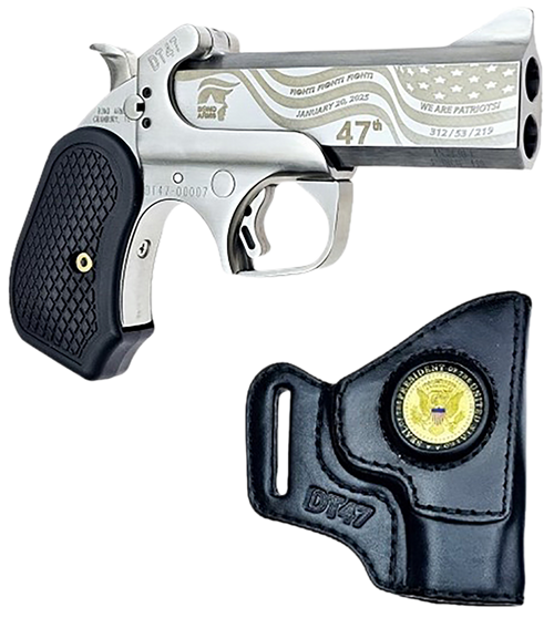 Bond Arms BADT47-SATIN DT47 Trump Limited Edition 45 Colt (Long Colt)/410 Gauge 2 Shot 4.25" Stainless w/Gold Engraving Double Barrel, Rough Matte Stainless Steel Frame, Black Extended B6 Resin Grips,