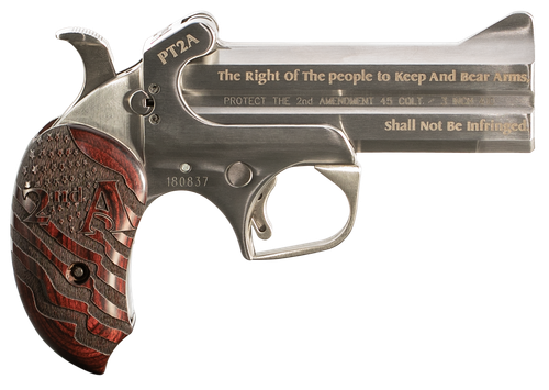 Bond Arms PT2A Protect the 2nd Amendment  Derringer Single 45 Colt (LC)/410 Gauge 2rd 4.25" Engraved Barrel, Stainless Steel Finish, Blade Front/Fixed Rear Sights, Extended Engraved Rosewood Grip, Man