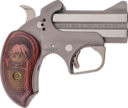 Bond Arms BAGR Grizzly  45 Colt (LC)/410 Gauge 2rd 3" Stainless Steel Double Barrel & Frame, Rebounding Hammer, Blade Front/Fixed Rear Sights, Rosewood Grips, Manual Safety