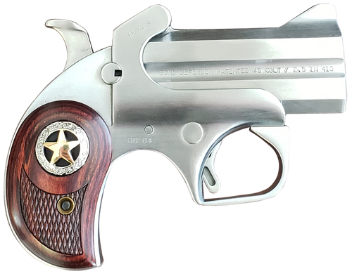 Bond Arms BARD Rustic Defender  Sports South Exclusive 45 Colt (LC) Caliber or 2.50" 410 Gauge 2rd 3" Barrel, Stainless Steel Finish, Rosewood Grip w/Integrated Star, Includes Exclusive Holster Packag