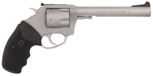 Charter Arms 79960 Pitbull  Large 9mm Luger, 5 Shot 6" Matte Stainless Steel Barrel, Cylinder & Frame w/Black Finger Grooved Rubber Grip