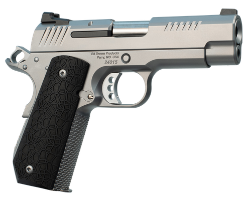 Ed Brown EVOKC9 1911 EVO KC9 9mm Luger 9+1 4" Barrel, Snakeskin Serrated Stainless Steel Bobtail Frame, Serrated Slide w/Recessed Slide Stop, Black G10 Grip