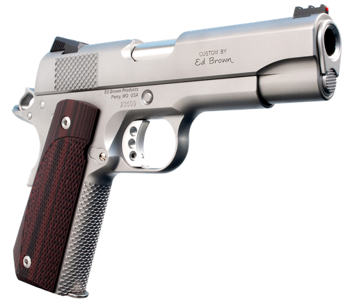 Ed Brown KC18SS 1911 Kobra Carry Serrated Frame 45 ACP 7+1 4.25" Stainless Recessed Crown Barrel, Matte Stainless Serrated Steel Slide & Frame, Laminate Wood Grip, Right Hand