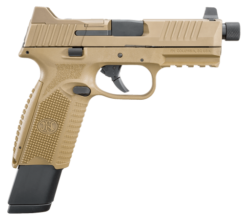 FN 66100373 509T  9mm Luger 17+1/24+1 4.50" Black Steel Threaded Barrel, Flat Dark Earth Optic Cut/Serrated Stainless Steel Slide, Flat Dark Earth Polymer Frame w/Picatinny Rail