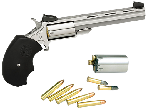North American Arms MMTC Mini-Master *CA Compliant 22 LR/22 WMR 5 Shot 4" Stainless Steel Vent Rib Barrel, Stainless Steel Frame, Stainless Cylinder, Black Finger Grooved Rubber Grip, Exposed Hammer
