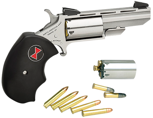 North American Arms BWC Black Widow  22 LR/22 WMR 5 Shot 2" Stainless Steel Vent Rib Barrel, Stainless Steel Frame, Stainless Cylinder, Black Finger Grooved Rubber Grip, Exposed Hammer