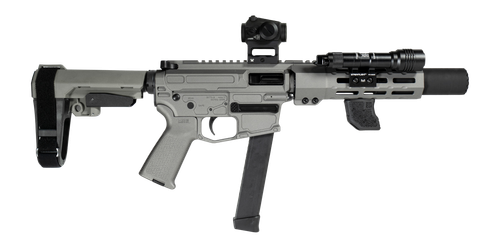 Shark Coast Tactical SCC06742SPGY9-D Sneeky Pete Deluxe w/Optic 9mm Luger 30+1 5.50" Black Melonite Threaded Barrel, Gray Cerakote Receiver, SB Tactical SBA3 Brace, Vortex Crossfire Red Dot, Streamlig