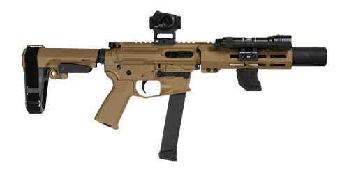 Shark Coast Tactical SCC06728SPFDE9-D Sneeky Pete Deluxe w/Optic 9mm Luger 30+1 5.50" Black Melonite Threaded Barrel, Flat Dark Earth Cerakote Receiver, SB Tactical SBA3 Brace, Vortex Crossfire Red Do