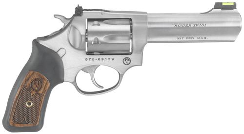 Ruger 5773 SP101  Small Frame 327 Federal Mag 6rd, 4.20" Satin Stainless Steel Barrel, Cylinder & Frame, Black Rubber w/Wood Insert Grip, Exposed Hammer, Transfer Bar Safety