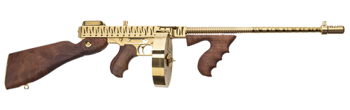 Thompson T150DTGTS 1927A-1 Deluxe 45 ACP Caliber with 16.50" Barrel, 20+1 Capacity (Stick), 50+1 Capacity (Drum), Gold w/Tiger Stripe Metal Finish, American Walnut Stock Wood Grip Right Hand