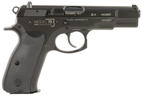 CZ-USA 01109 75 B 50th Anniversary 9mm Luger 10+1 4.60" Steel Barrel, Black Serrated Steel Slide Engraved w/50th Anniversary, Black Polycoat Steel Frame w/Beavertail, Black Plastic Grip