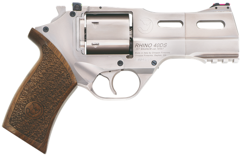 Chiappa Firearms CF340245 Rhino 40SAR *CA Compliant Medium Frame 357 Mag 6 Shot, 4" Nickel-Plated Steel Barrel & Cylinder, Nickel-Plated Aluminum Frame w/Picatinny Rail, Walnut Grip, Concealed Hammer