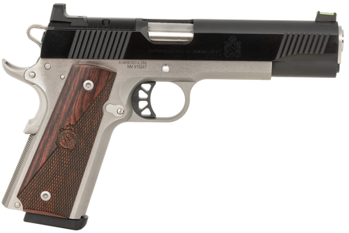 Springfield Armory PX9121LAOS 1911 Ronin 10mm Auto 8+1, 5" Stainless Match Grade Steel Barrel, Blued Serrated Carbon Steel Slide, Stainless Steel Steel Frame w/Beavertail, Crossed Cannon Wood Grip