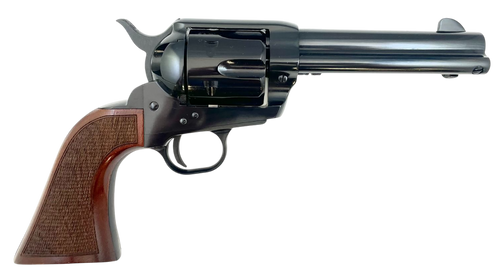 Taylors & Company 200107 1873 Pietta 9mm Luger 6 Shot 4.75" Blued Round Barrel, Blued Cylinder & Steel Frame, Walnut Checkered Army Style Grip, Manual Safety, Exposed Hammer