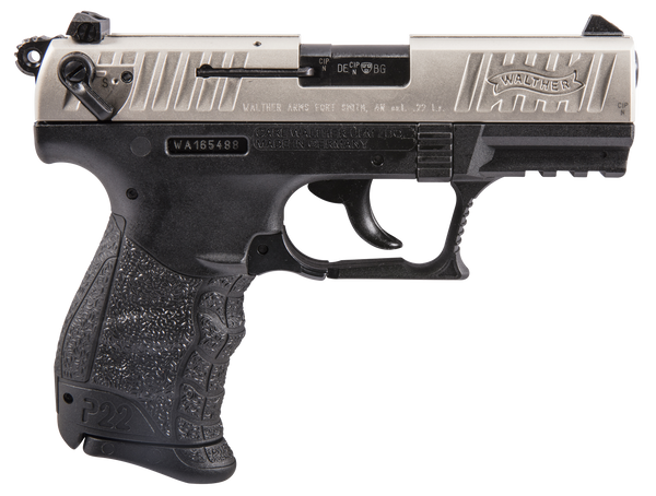 Walther Arms 5120336 P22 *CA Compliant 22 LR 10+1 3.42" Nickel Serrated/Steel Slide, Black Polymer Frame w/Picatinny Rail, Black Interchangeable Backstrap Grips