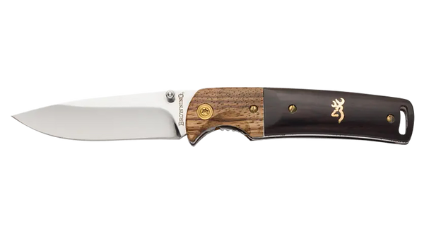 Browning 3220231 Buckmark Hunter EDC 3" Folding Drop Point, Plain Mirror Polished 8Cr14MoV SS Blade, Black/Natural Finger Grooved w/Brass Accents Hardwood Handle, Includes Pocket Clip